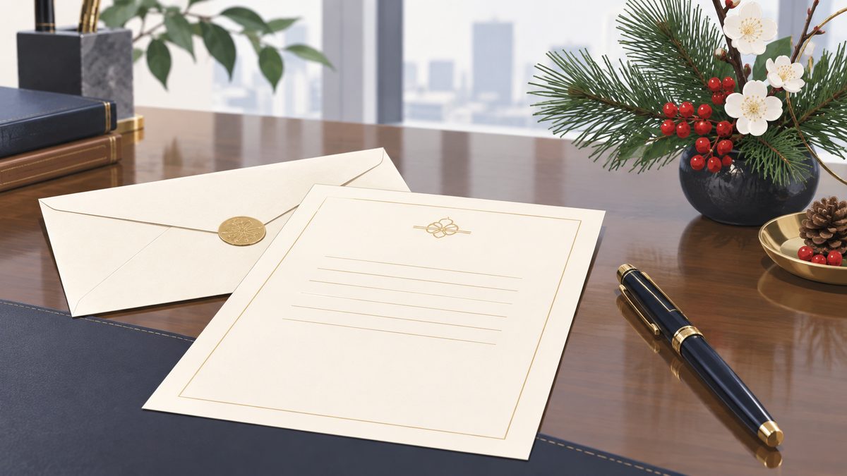 取引先へ封書で忘年会の案内状を送るイメージ