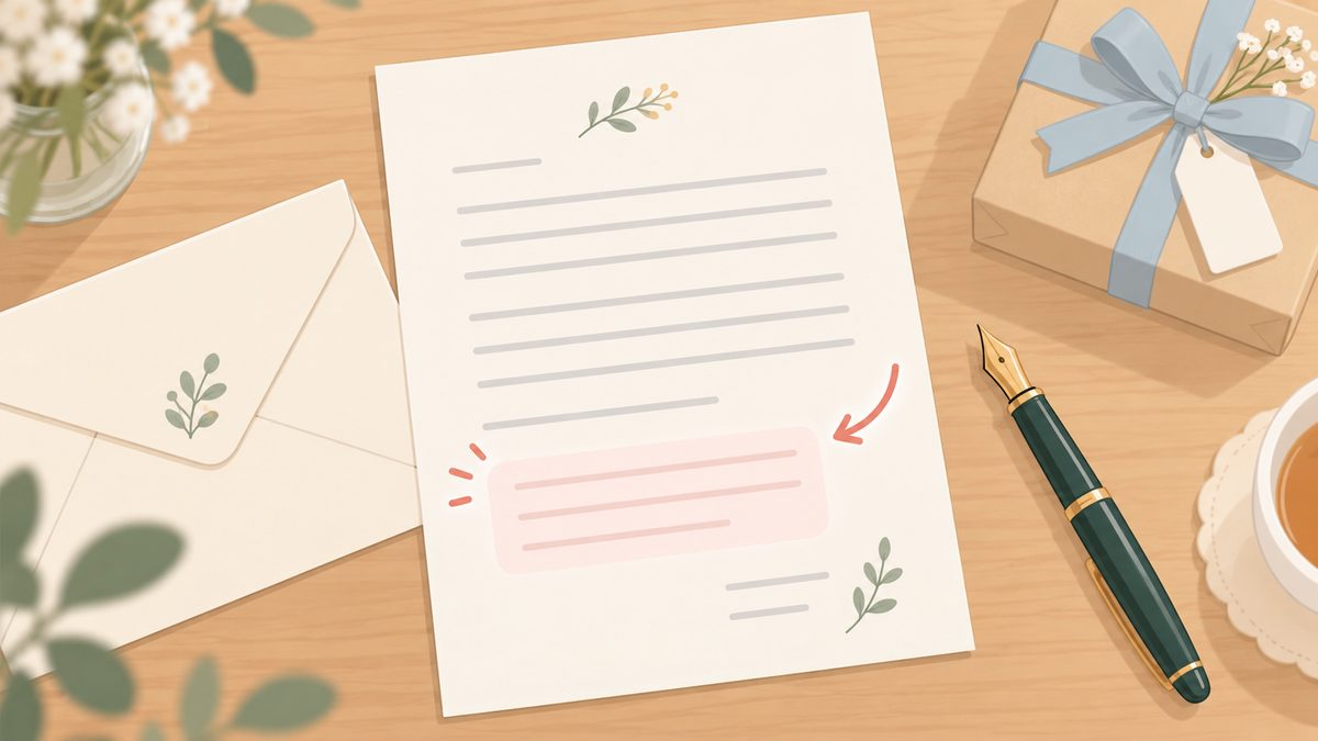 お礼状の構成と手書きの一言を添える位置のイメージ