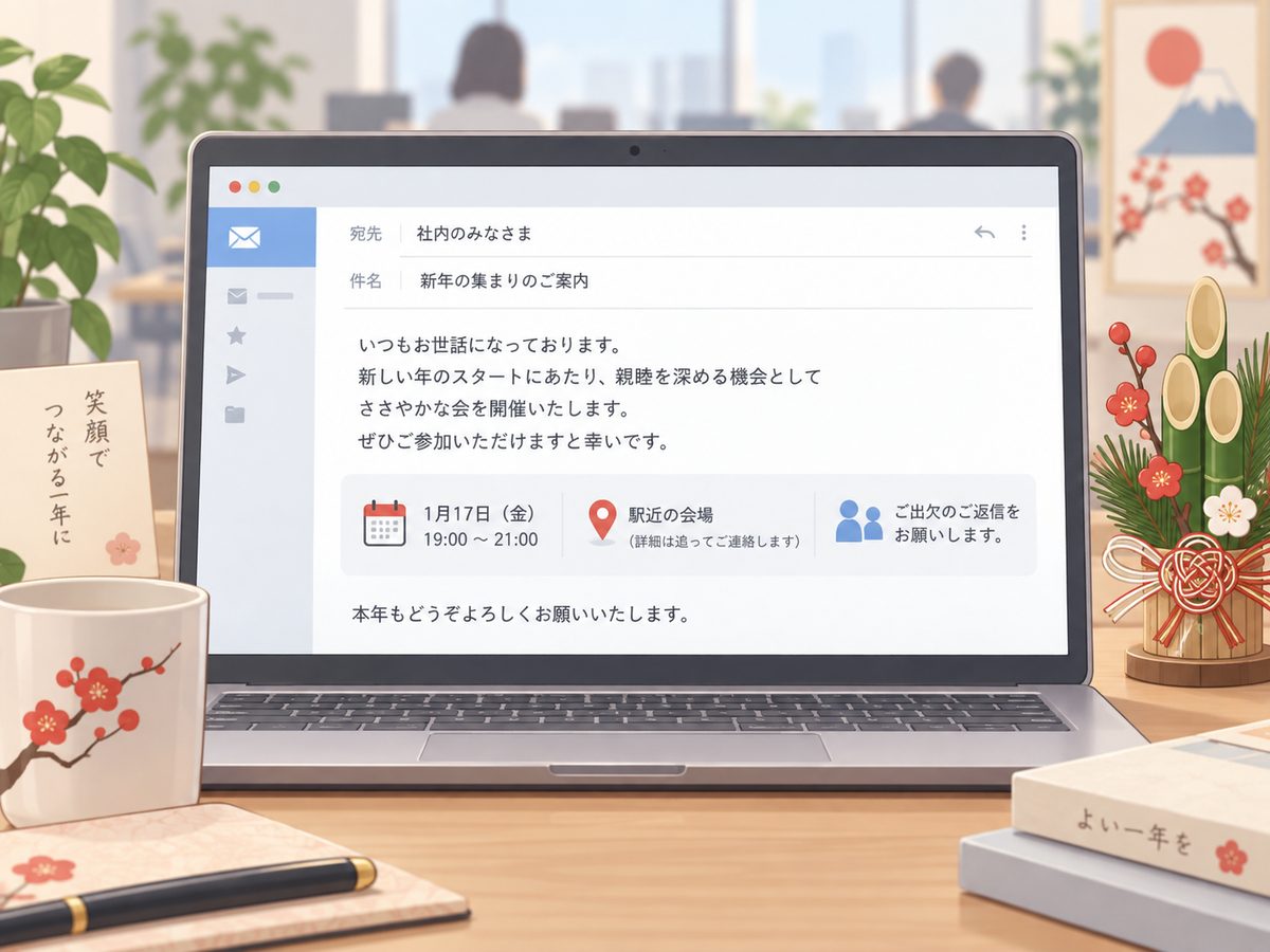 社内向けの新年会案内メールを書くイメージ