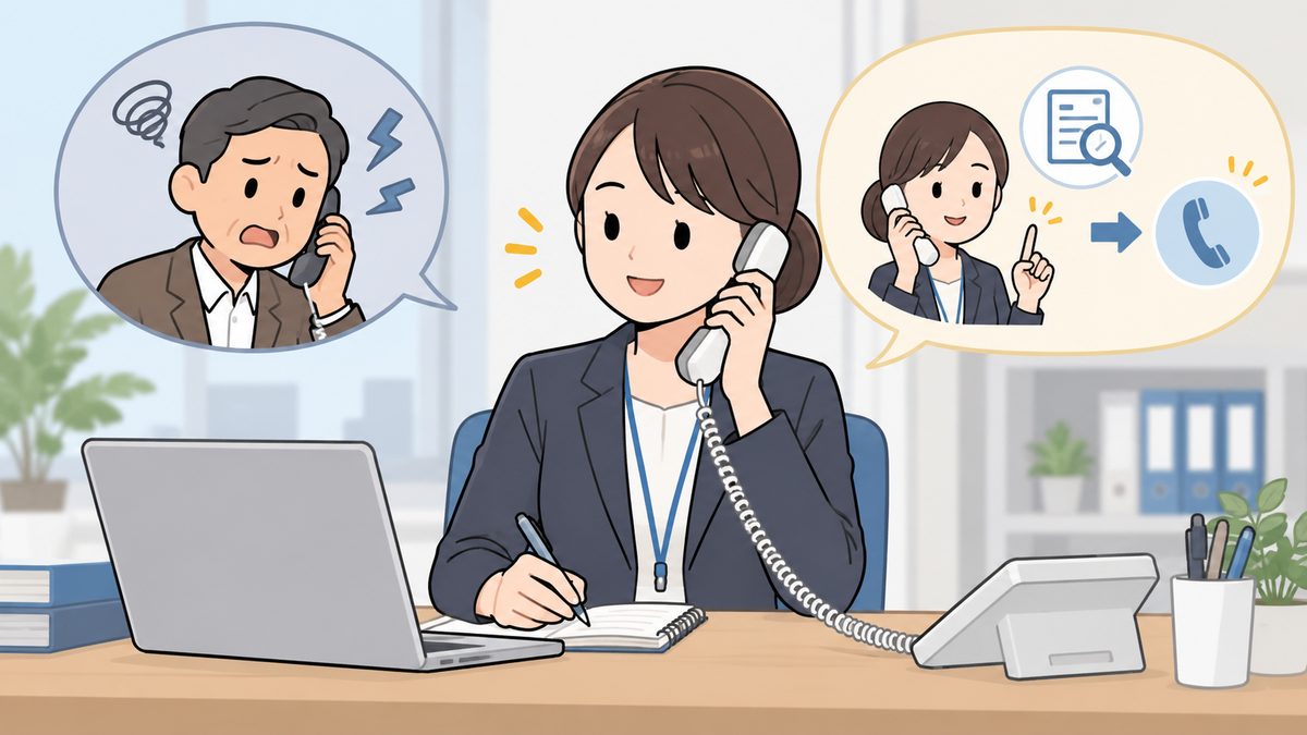 確認して折り返すと伝えて電話を終えるイメージ
